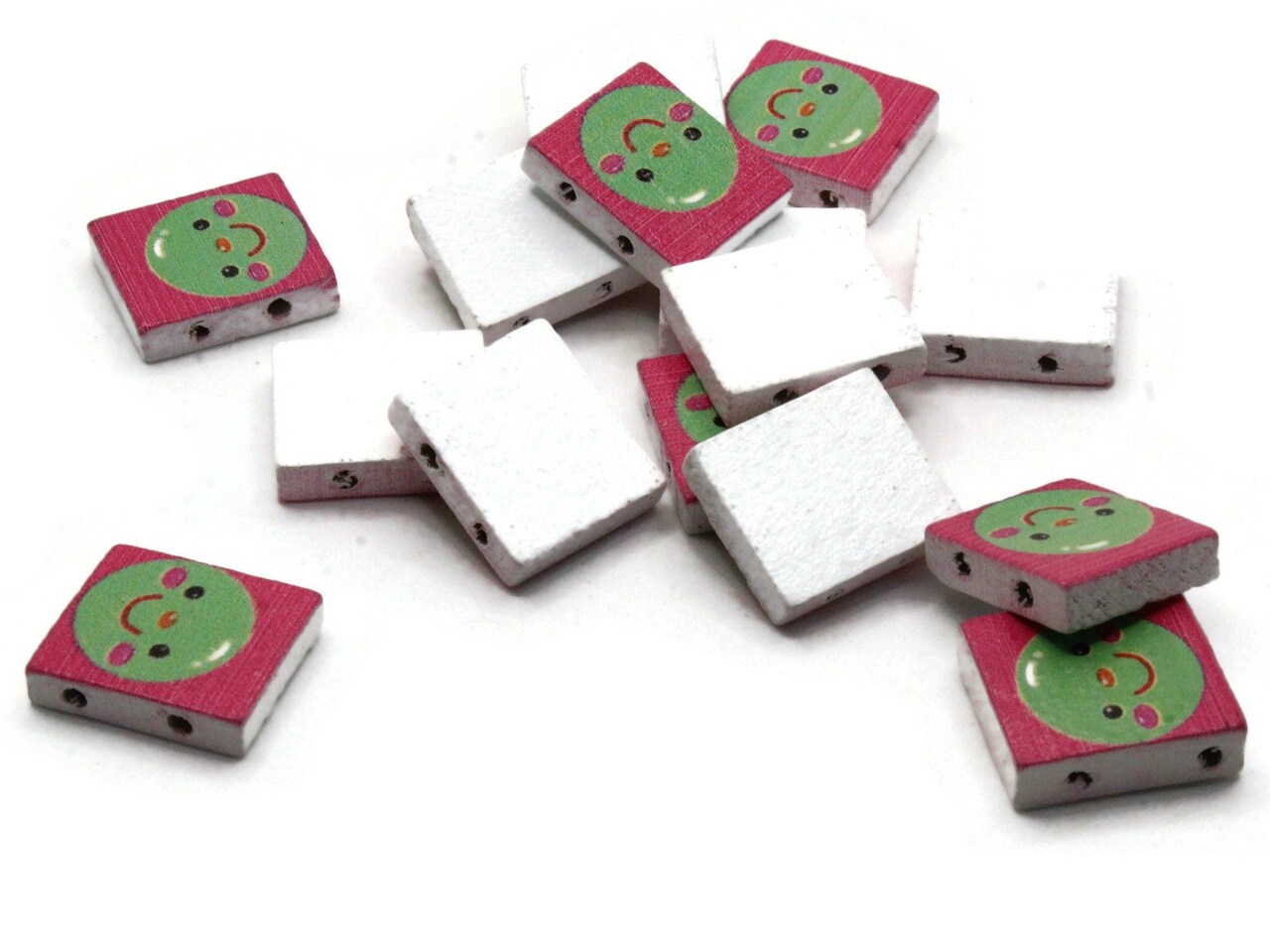 15 20mm Pink and Green Beads Wooden Rectangle Happy Face Beads - Two Hole Emoji Beads